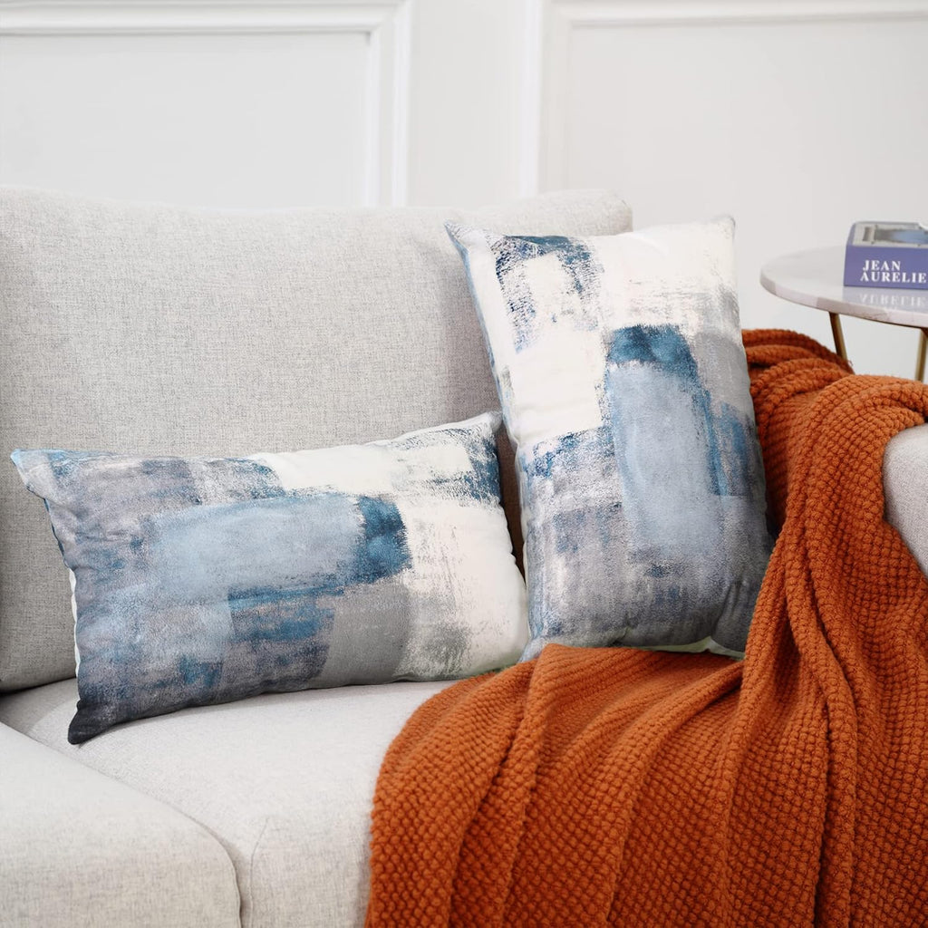 Lumbar Throw Pillow Covers,Pack of 2 Soft Velvet Decorative Cushion Cover for Sofa Bedroom Car (12X20 Inch, Blue and Grey)