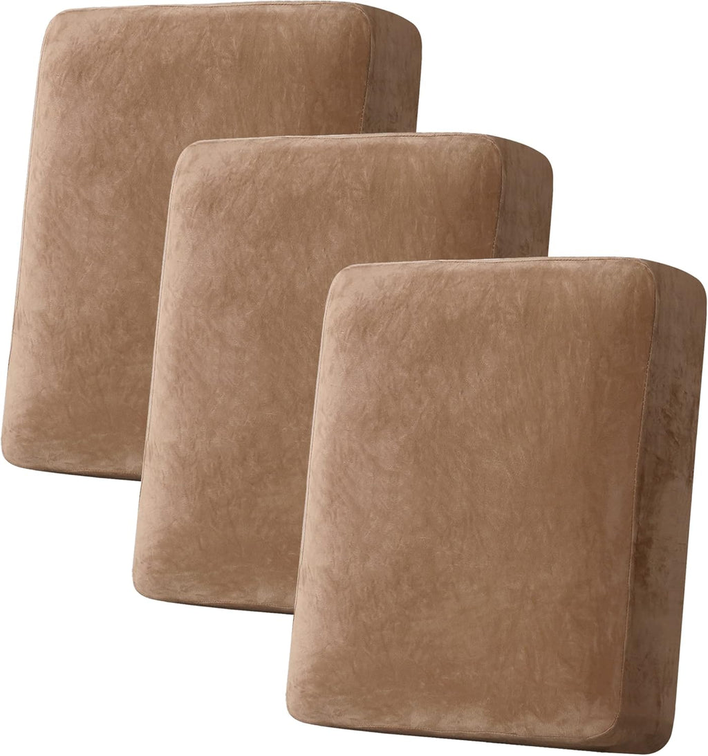 Velvet Stretch Couch Cushion Cover Plush Cushion Slipcover for Chair Loveseat Sofa Cushion Furniture Protector Seat Cushion Sofa Cover (3 Piece Sofa Cushion Covers, Camel)