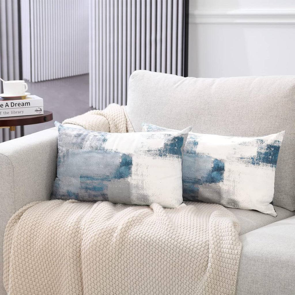 Lumbar Throw Pillow Covers,Pack of 2 Soft Velvet Decorative Cushion Cover for Sofa Bedroom Car (12X20 Inch, Blue and Grey)