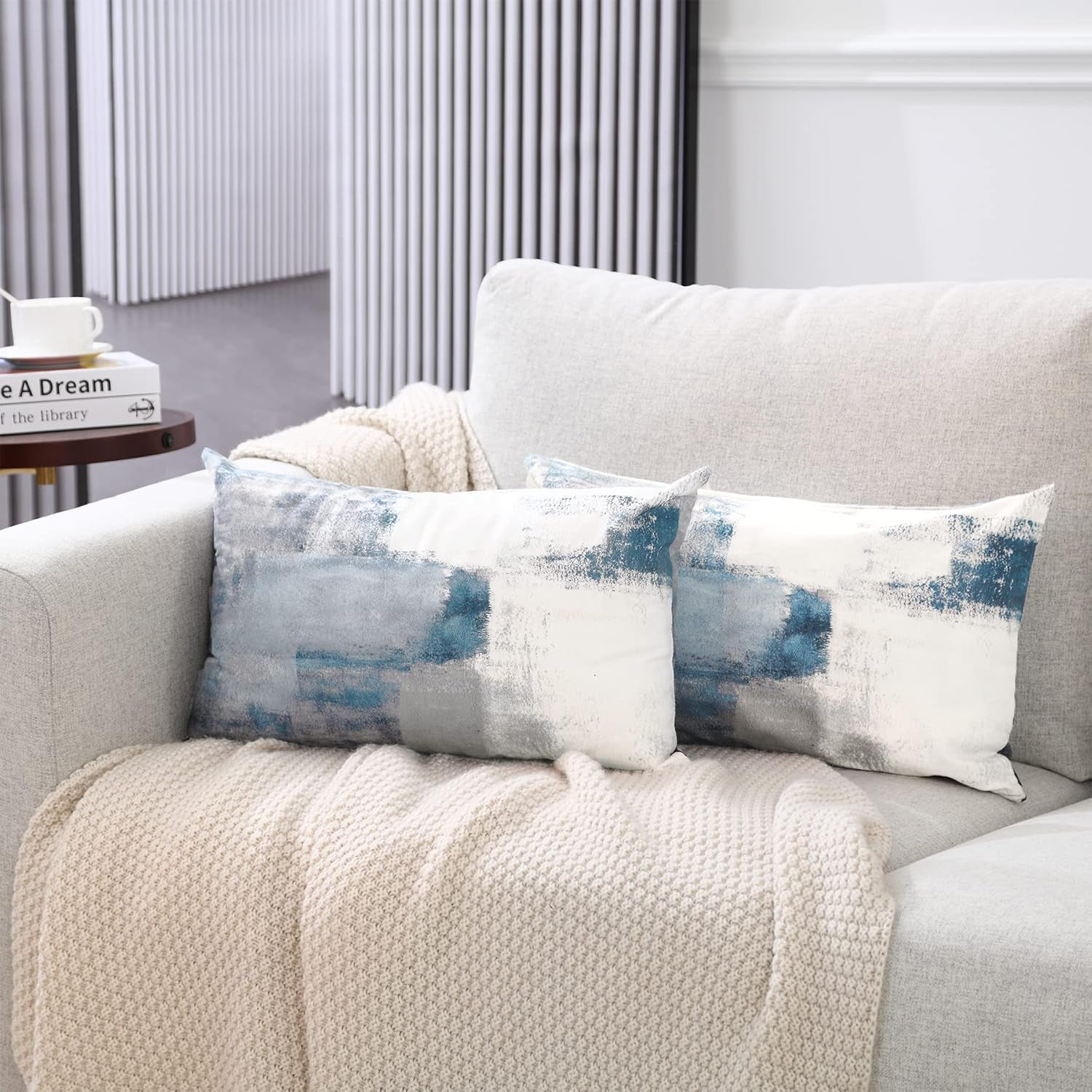 Lumbar Throw Pillow Covers,Pack of 2 Soft Velvet Decorative Cushion Cover for Sofa Bedroom Car (12X20 Inch, Blue and Grey)