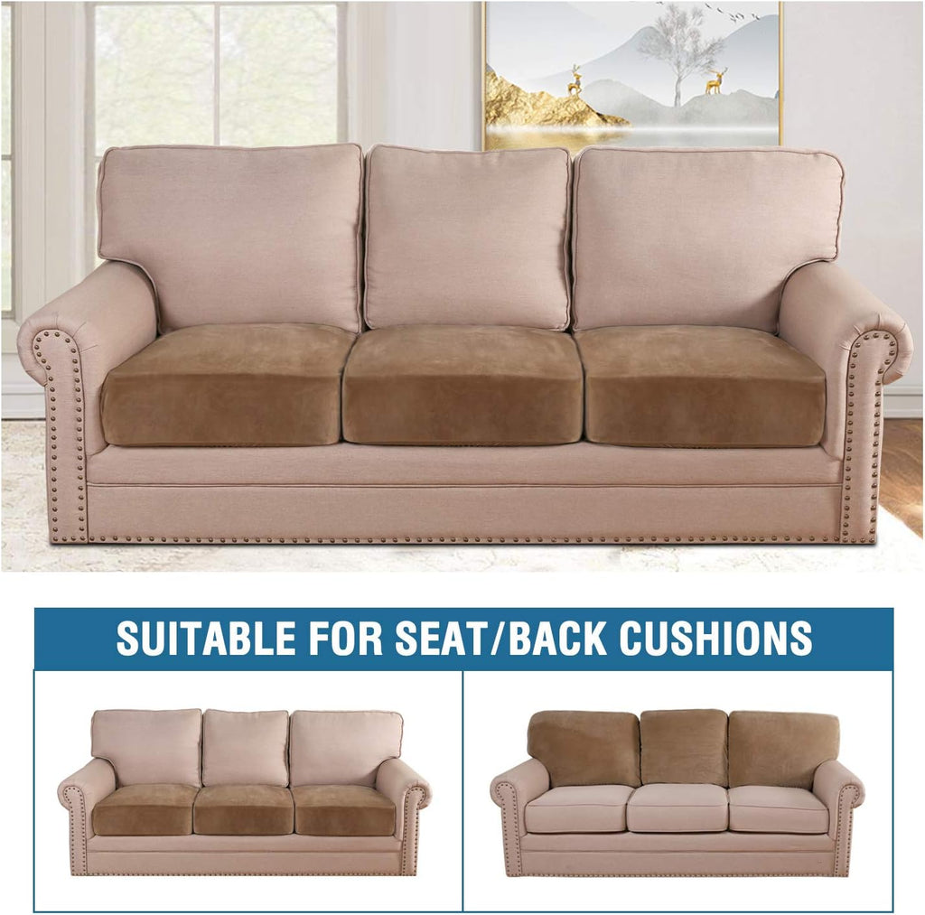 Velvet Stretch Couch Cushion Cover Plush Cushion Slipcover for Chair Loveseat Sofa Cushion Furniture Protector Seat Cushion Sofa Cover (3 Piece Sofa Cushion Covers, Camel)