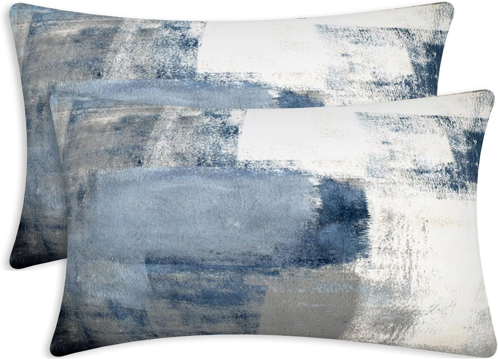 Lumbar Throw Pillow Covers,Pack of 2 Soft Velvet Decorative Cushion Cover for Sofa Bedroom Car (12X20 Inch, Blue and Grey)