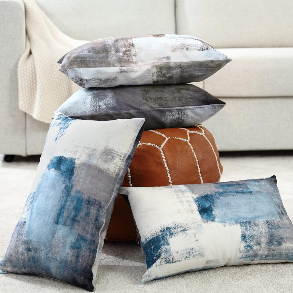 Lumbar Throw Pillow Covers,Pack of 2 Soft Velvet Decorative Cushion Cover for Sofa Bedroom Car (12X20 Inch, Blue and Grey)