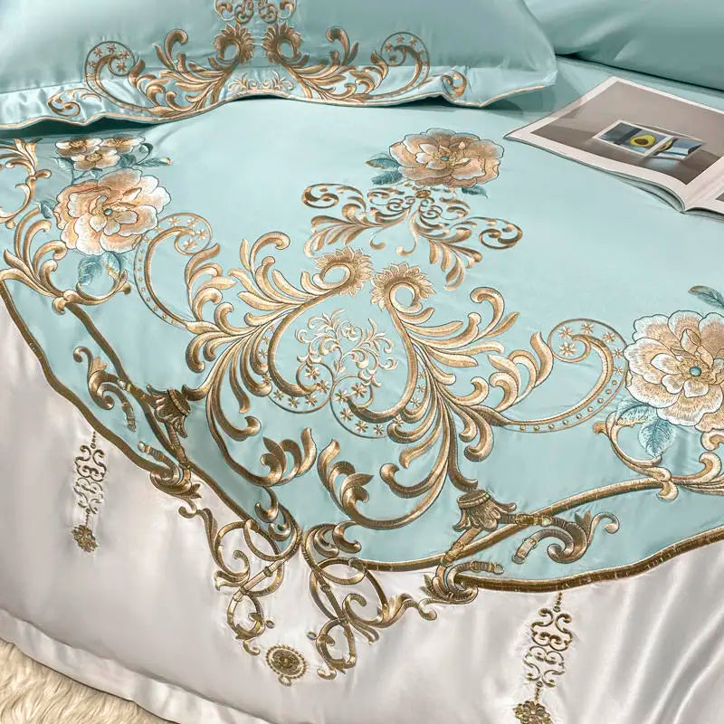 Green Satin Embroidered Luxury Bedding Set
