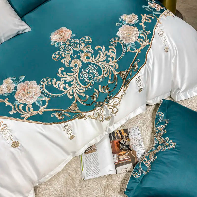 Green Satin Embroidered Luxury Bedding Set