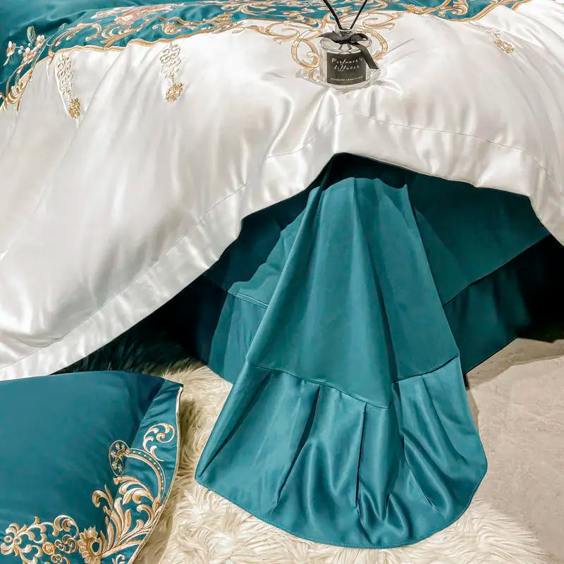 Green Satin Embroidered Luxury Bedding Set