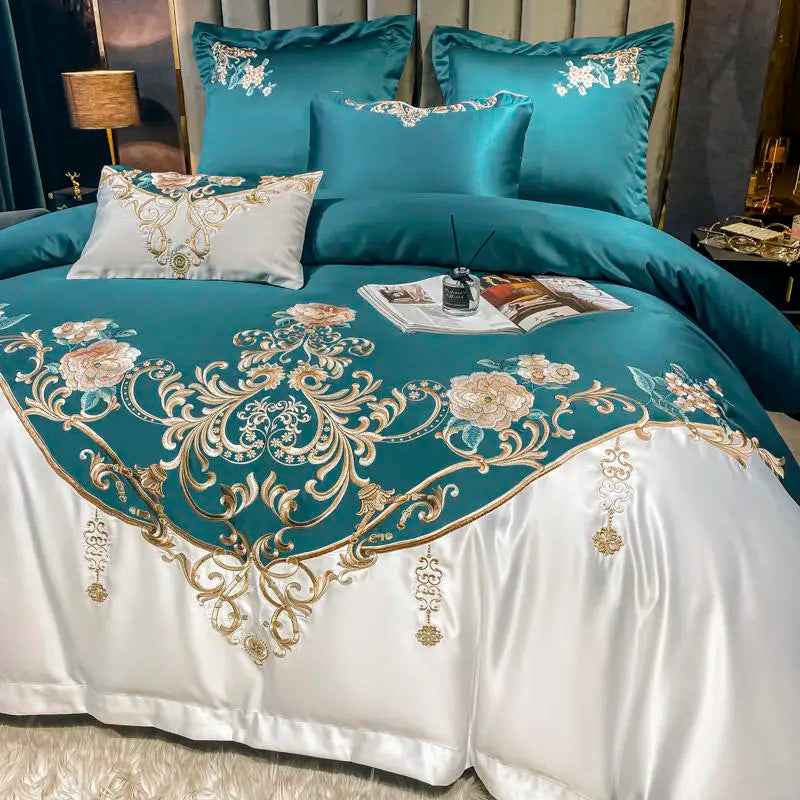 Green Satin Embroidered Luxury Bedding Set