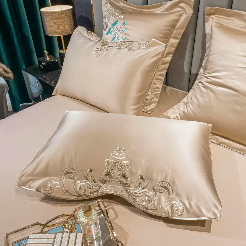 Green Satin Embroidered Luxury Bedding Set