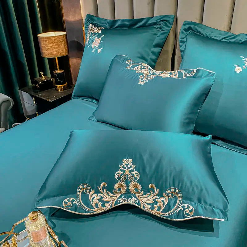 Green Satin Embroidered Luxury Bedding Set