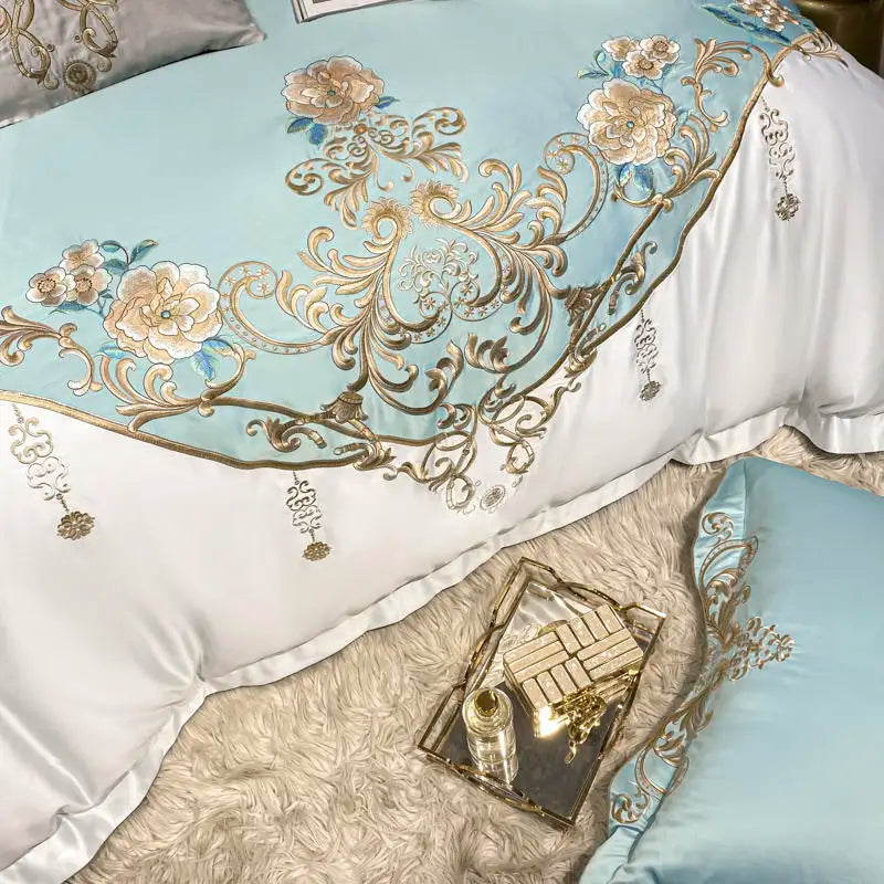 Green Satin Embroidered Luxury Bedding Set