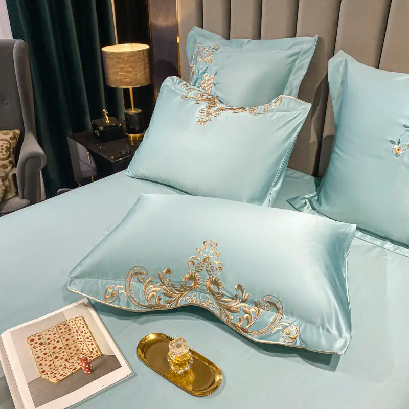 Green Satin Embroidered Luxury Bedding Set