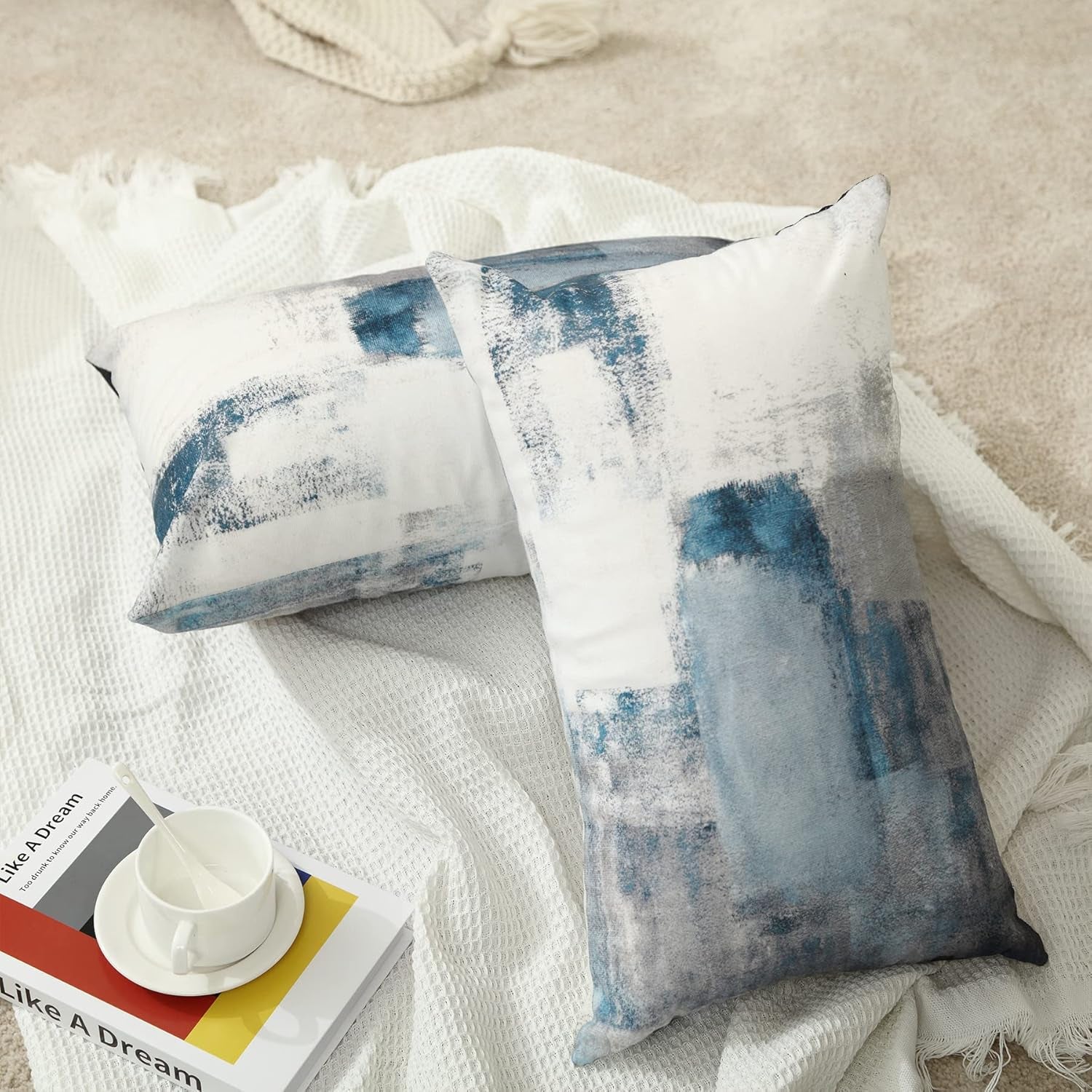 Lumbar Throw Pillow Covers,Pack of 2 Soft Velvet Decorative Cushion Cover for Sofa Bedroom Car (12X20 Inch, Blue and Grey)