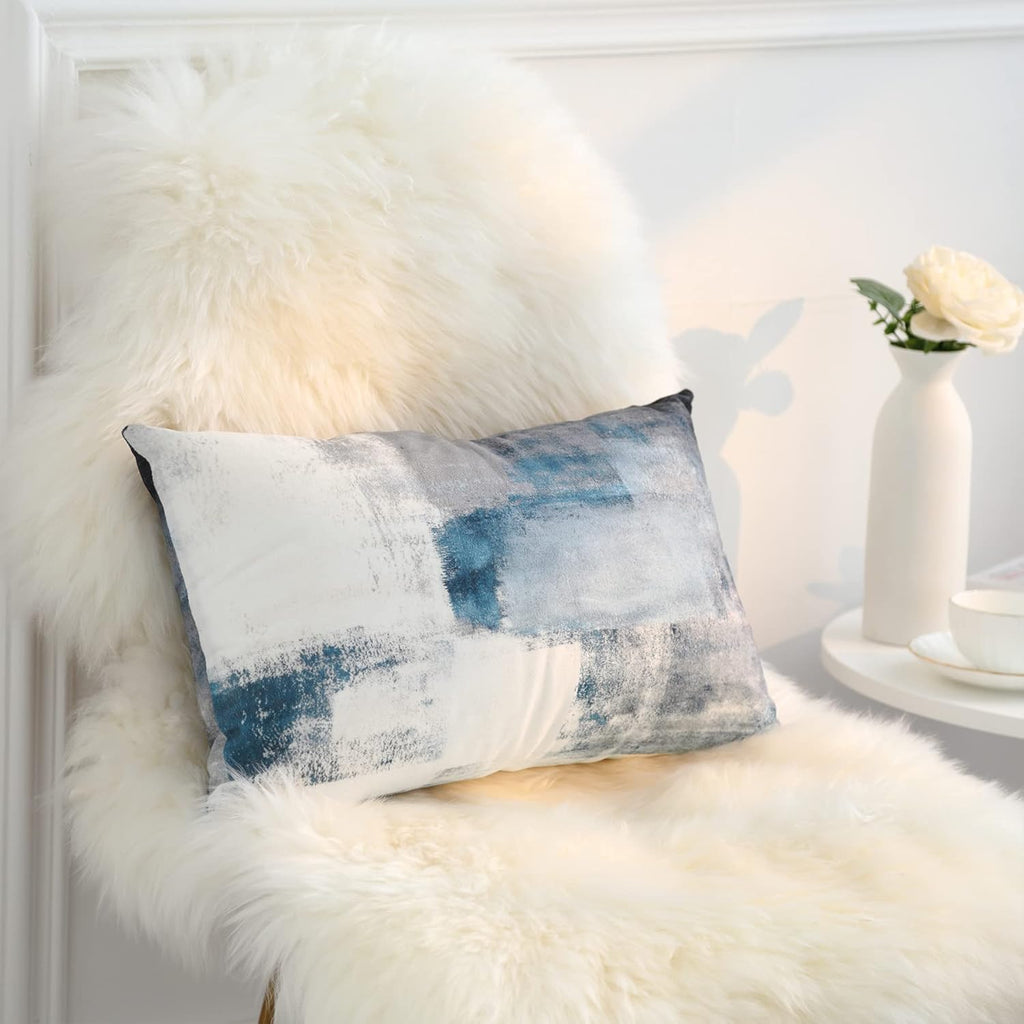 Lumbar Throw Pillow Covers,Pack of 2 Soft Velvet Decorative Cushion Cover for Sofa Bedroom Car (12X20 Inch, Blue and Grey)